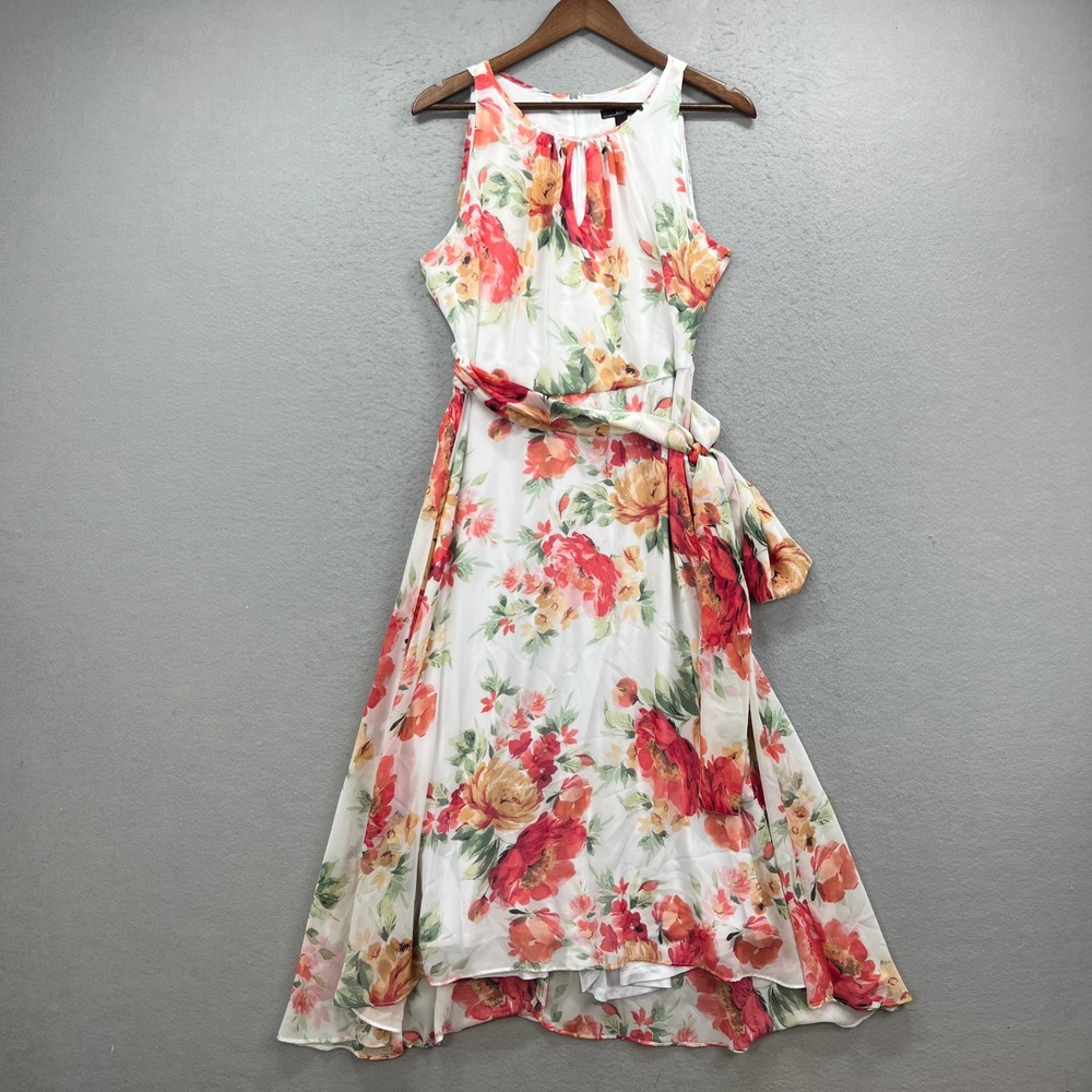 R&K Floral Chiffon Maxi Dress Womens 8 White Orange Sleeveless Belted Vacation